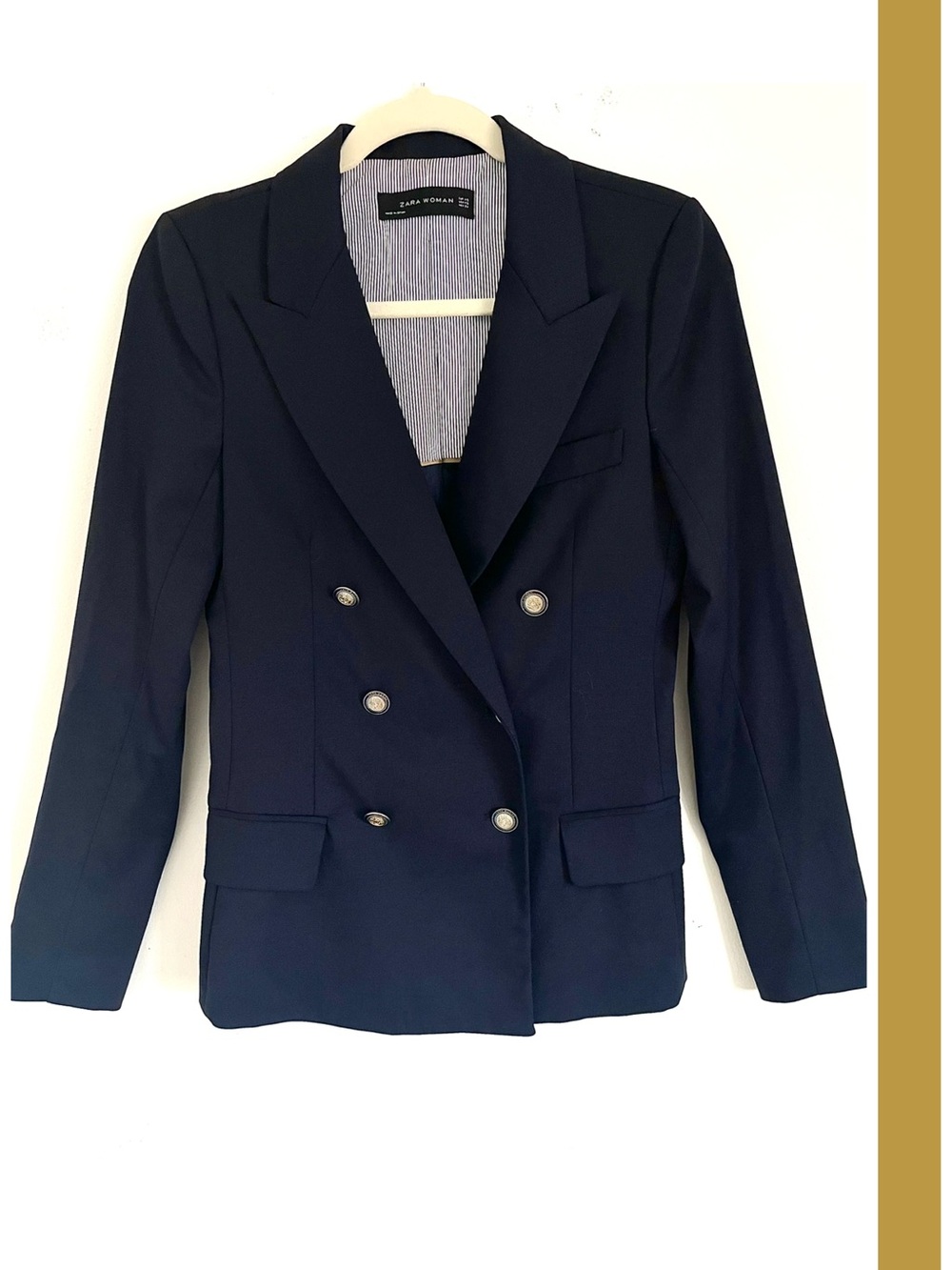 Zara Woman Premium Wool Balmain-Style Blazer Navy Gold XS